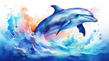 Foto op Aluminium A dolphin jumping out of the water, watercolor, gradient ocean, cool tones. AI Generative © Horsi