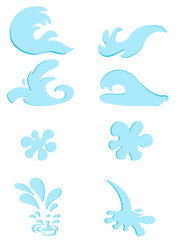 Water or oil drops. Vector icon set of сurrent drops, waves, tears, spray, nature splashes isolated on white background. Dripping liquid. Water spill. Aqua drop element. Raindrop and sweat drops.
