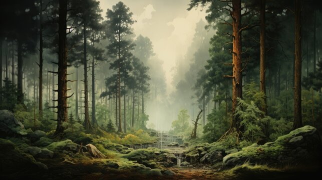 A forest scene, watercolor, layering, cool tones. AI Generative