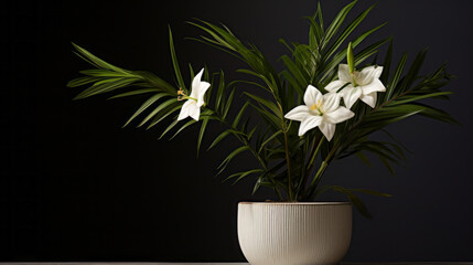 A potted tropical plant with long, slender leaves and a delicate white blossom