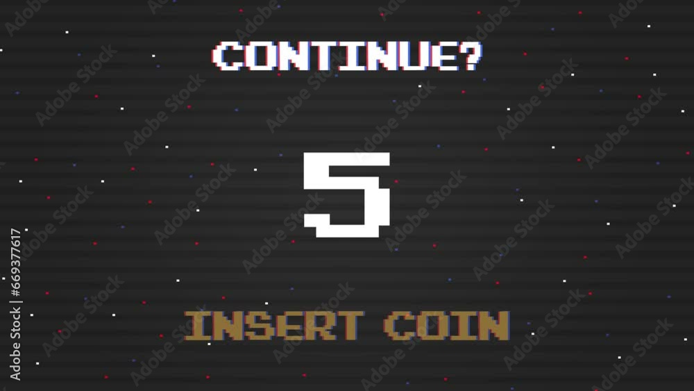 Poster insert coins to continue playing.countdown to continue after the game over screen, retro 8 bit style