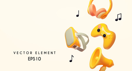 VR helmet, headphones and joystick. Online gaming concept. online cinema and music design. © feaspb