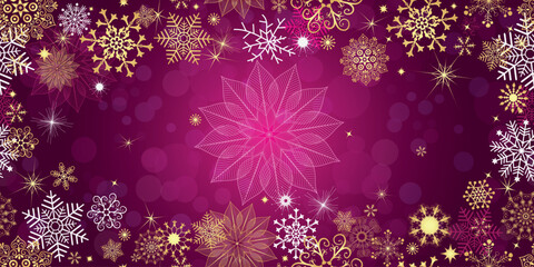Vector Christmas seamless pattern with snowflakes on the gradient purple background with bokeh. Card, frame