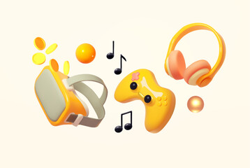 VR helmet, headphones and joystick. Online gaming concept. online cinema and music design.