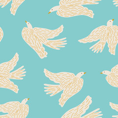 White birds on a light blue background create a seamless pattern for textiles. 