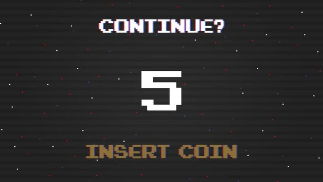 Insert coins to continue playing.countdown to continue After the game over screen, retro 8 bit style.pixel art.