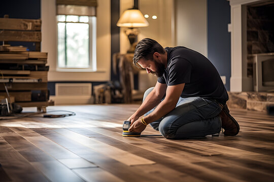 DIY Home Improvement. A Homeowner Installing New Flooring in a Living Room