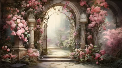 Poster Jardin A garden gate with roses, watercolor, detailed, pastel colors. AI Generative