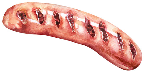 Grilled sausages.Hand drawn watercolor.Processed food.Suitable for decorating food menus.