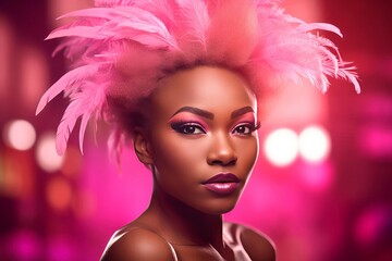 Obraz na płótnie Canvas African woman pink feather headwear. Glamour dance makeup fashion girl. Generate Ai