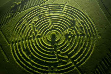 Fototapeta na wymiar Crop Circle Mystery. Aerial View of a Mysterious Crop Formation
