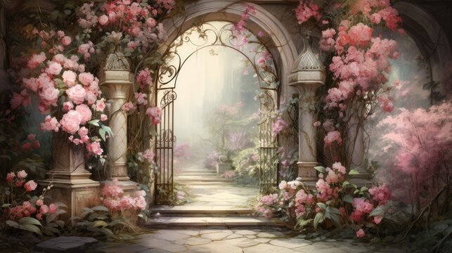 Fototapeta A garden gate with roses, watercolor, detailed, pastel colors. AI Generative