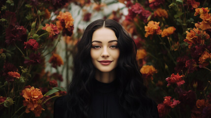 Naklejka premium Beautiful model in a black clothes in a flower garden