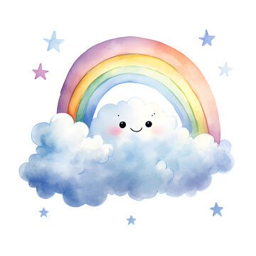 watercolour happy cloud with rainbow isolated on transparent background - design element PNG cutout