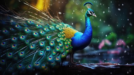 A peacock with feathers spread, watercolor, gradient, vibrant colors. AI Generative - Powered by Adobe