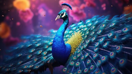 A peacock with feathers spread, watercolor, gradient, vibrant colors. AI Generative - obrazy, fototapety, plakaty