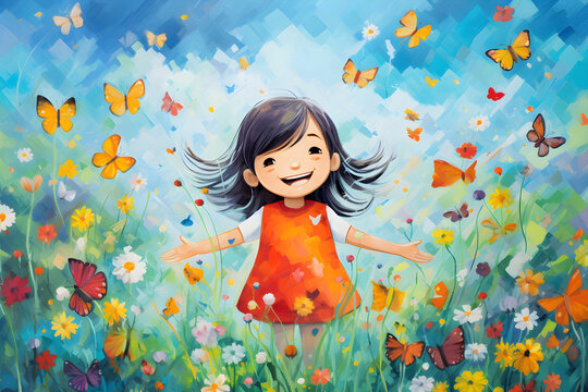 colourful illustration of happy little girl with swam of butterflies in flower meadow