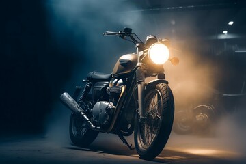 Biker motorcycle night street with light turn on. Motor bike modern extreme action. Generate Ai