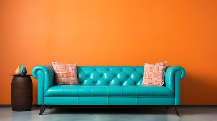 a brown leather sofa in front of a turquoise wall, in the style of realistic yet stylized, dark...