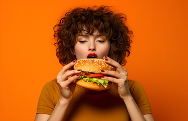 beautiful girl eating a hamburger - obrazy, fototapety, plakaty
