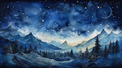 A night sky with stars, watercolor, textured paper, cool tones. AI Generative