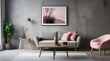a pink abstract framed print in an empty white living room, in the style of snow scenes, 8k resolution, naturalistic rendering, wood, uhd image, serene and peaceful ambiance