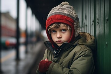 Portrait of a boy in a winter jacket and a hat.