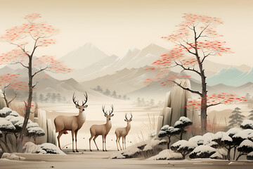 deer in the forest, christmas background