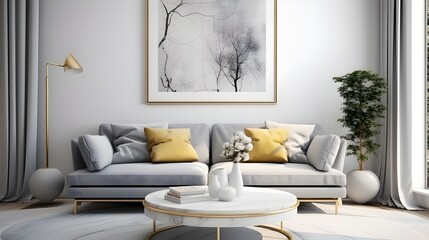 a modern living room with gold and grey furniture and a large framed art piece, in the style of fluid formation, high detailed, marble, light yellow and silver, flat, limited shading, gemstone