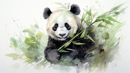 A panda eating bamboo, watercolor, textured paper, cool tones. AI Generative