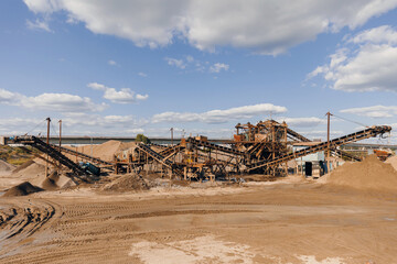 Sand quarry banner, Industrial plant with belt conveyor in open pit mining. Construction site,...