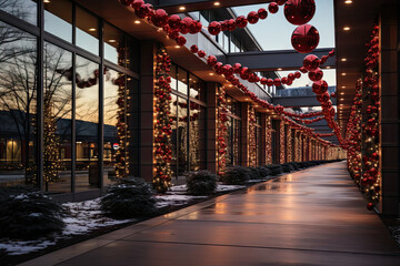 the outside of a building decorated with christmas lights and red lanterns hanging from the ceiling...
