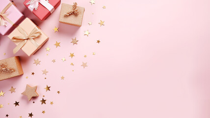 Christmas present gift boxes on a pastel pink background - Powered by Adobe