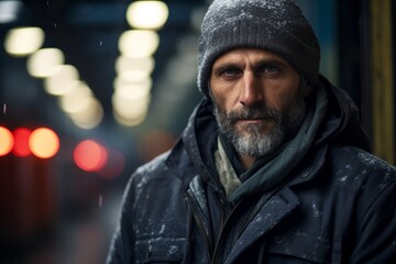 Portrait of a homeless man with a gray beard and mustache in the city at night