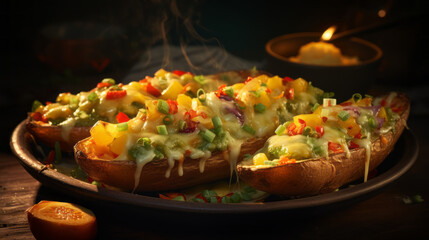 A plate of freshly-made potato skins, filled with a variety of vegetables and topped with a generous layer of melted cheese