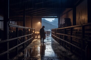 Cowshed night farmer rain. Domestic farm rural animal business. Generate Ai