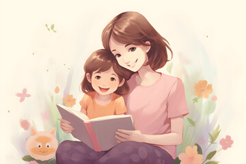 illustration of happy preschool age girl sitting with her mom reading a story book, cute simple cartoon style