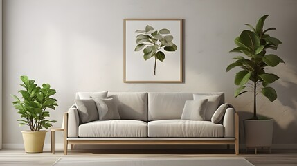 a living room with big modern plant framed prints and a sofa, in the style of sepia tone, delicate watercolor, light gray and beige, rustic texture, uhd image, symmetry and balance, cottagecore