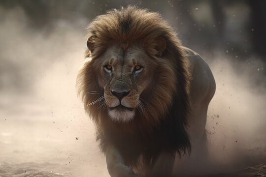 Image of a male lion walking in a dusty forest. Wildlife Animals.