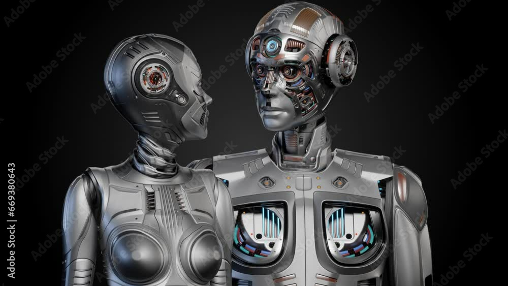 Poster two detailed futuristic robots looking at each other. male and female humanoids. 3d rendering animat