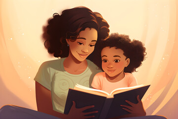 illustration of happy black Preschool age girl sitting with his mom reading a story book, cute simple cartoon style