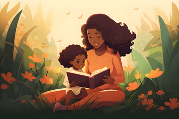 illustration of happy black Preschool age girl sitting with his mom reading a story book, cute simple cartoon style - obrazy, fototapety, plakaty