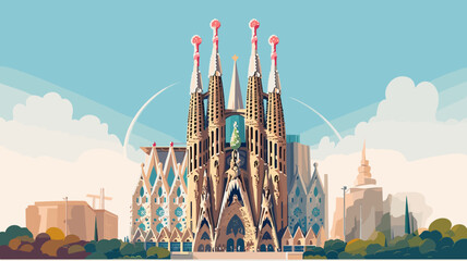 Flat 2D illustration, copy space, flat 2D vector illustration, hand drawn, view of The Sagrada familia, Spain. Famous touristic spot. Must-see spot. Beautiful architecture. - obrazy, fototapety, plakaty