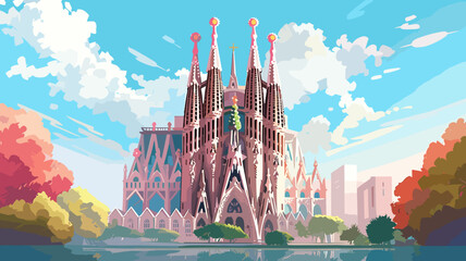 Flat 2D illustration, copy space, flat 2D vector illustration, hand drawn, view of The Sagrada familia, Spain. Famous touristic spot. Must-see spot. Beautiful architecture.