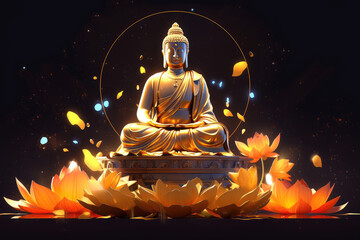 golden glowing buddha and big lotus