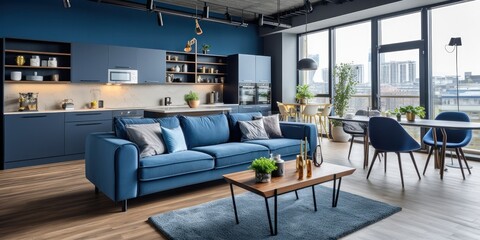 interior design of living room with matte blue laminate coverings, professional furniture, generative AI