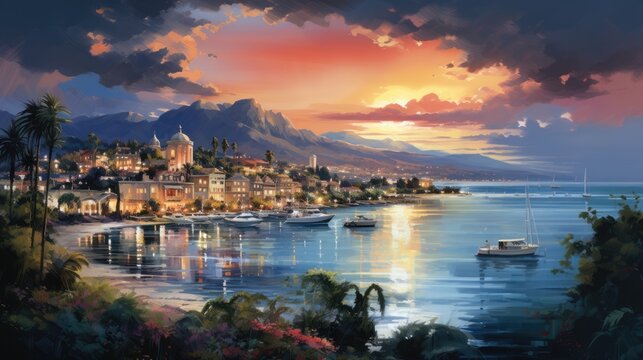 A picturesque watercolor of a seaside town at sunset. AI Generative