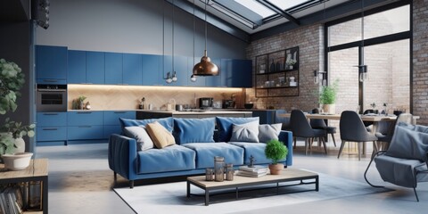 interior design of living room with matte blue laminate coverings, professional furniture, generative AI - obrazy, fototapety, plakaty