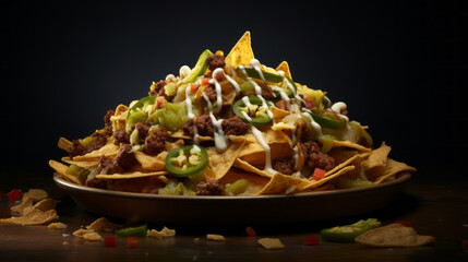 A plate of freshly-made nachos, with a variety of toppings and a generous helping of melted cheese