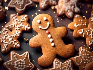 homemade Christmas cookies gingerbread man food background Tasty gingerbread cookies and Christmas decor on wooden background
